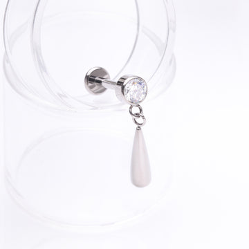 Detail View 1 of Implant Grade Titanium Gem Sparkle Teardrop Dangle Internally Threaded Flat Back Stud Labret-Clear Gem